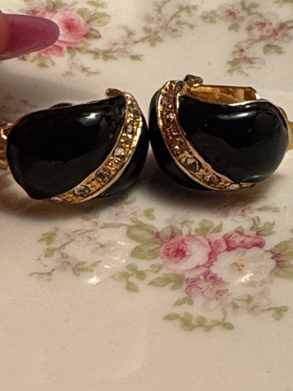 Vintage Gold-Tone Black Enamel Clip Earrings with Crystal Accent